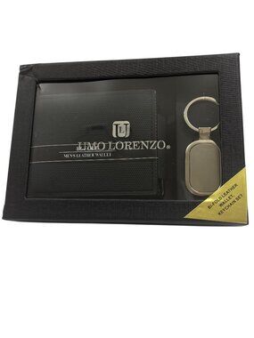 Men's Gift Set - Bi-Fold Black Wallet & Silver Keychain- NWT IN BOX